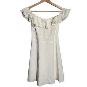 Zara White Linen blend Sundress Short Off Shoulder Ruffle Tie Waist Dress